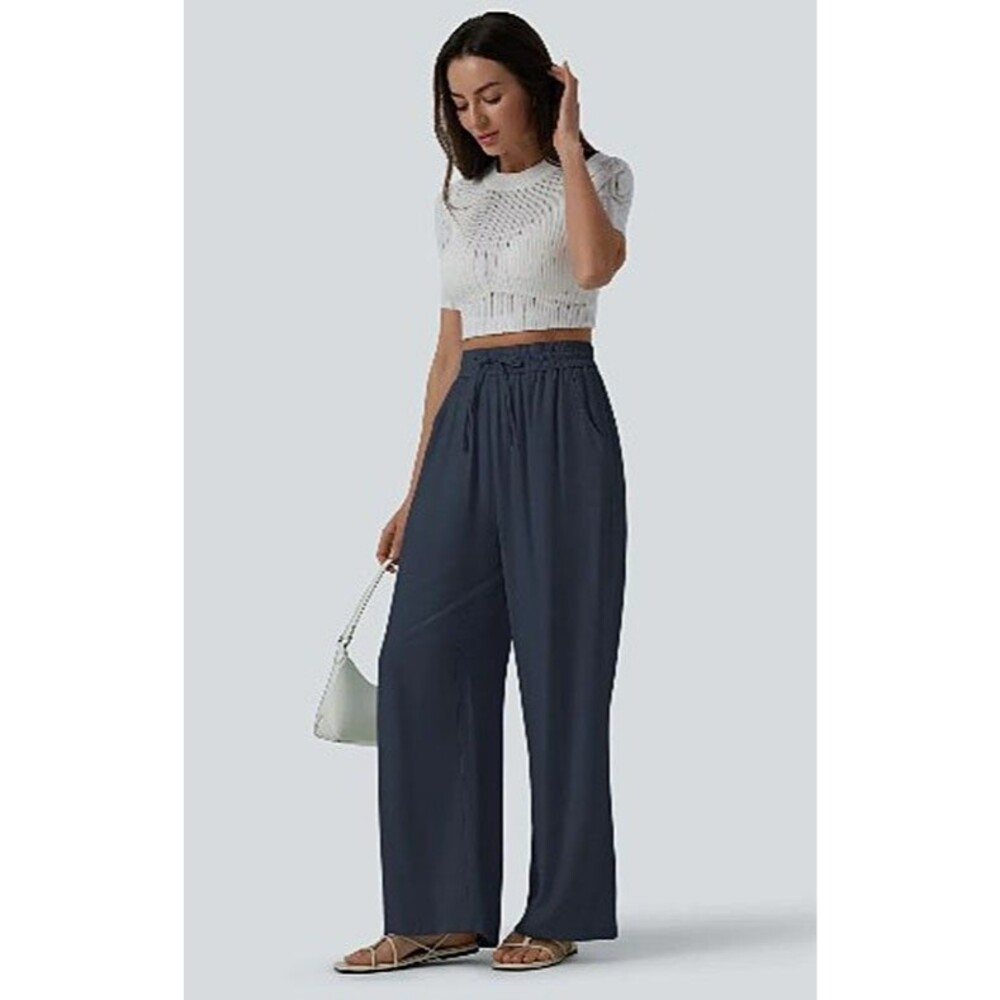 NWT HALARA Small Tall Womens Pants Navy Blue Wide Leg High Waist Casual Career